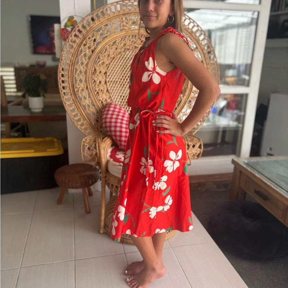 VTG Hawaiian Hostess Malia Honolulu short tie straps MUUMUU FLORAL pinup dress - Picture 3 of 3